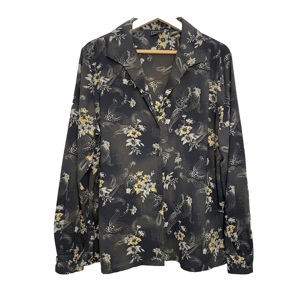 Laura Scott Long Sleeve Women's Blouse Top Size 18 Navy Button Down Flower Print